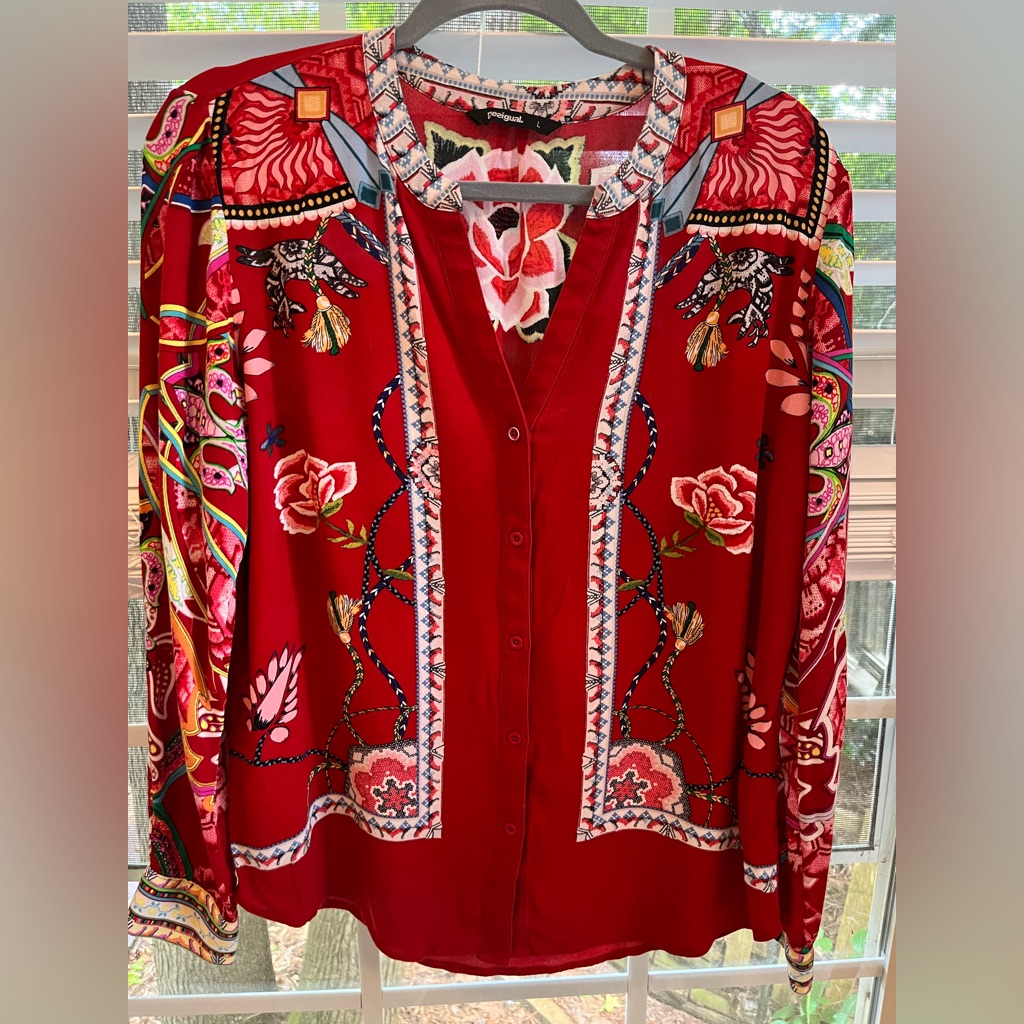Stunning Red Button Down From Iconic Brand Desigual Barcelona. Boho Chic!